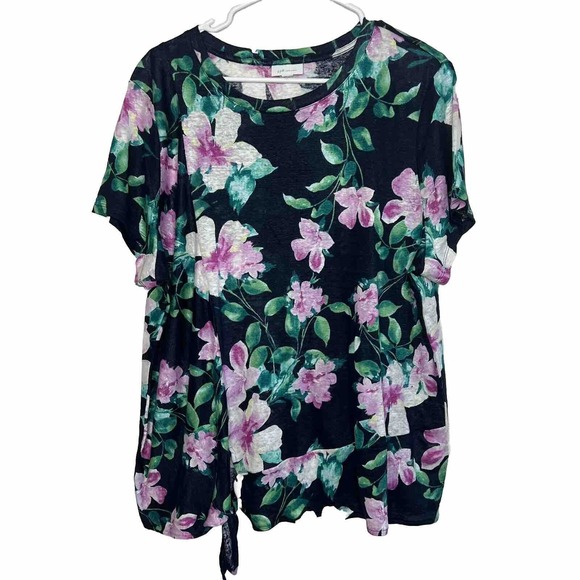 J. Jill Tops - J. Jill Love Linen Blue Floral Print Tie Hem Short Sleeve T Shirt Top Large H22